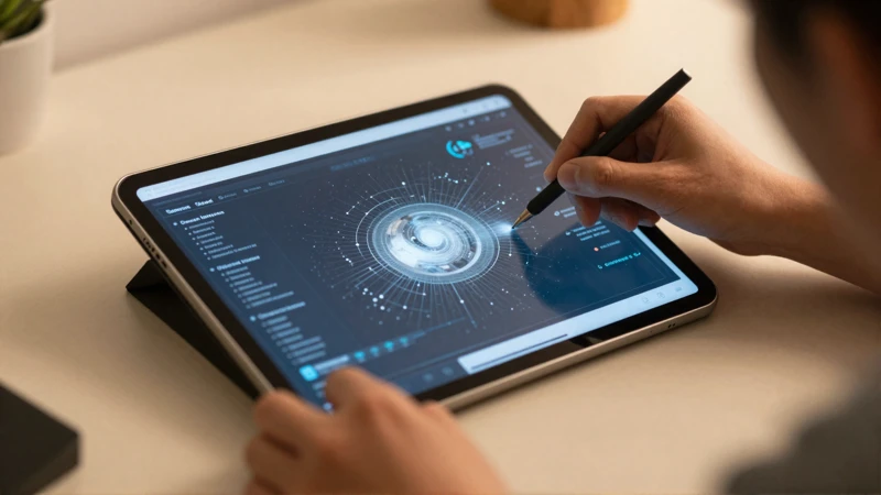 Ensamblaje digital bajo luz cálida en tablet