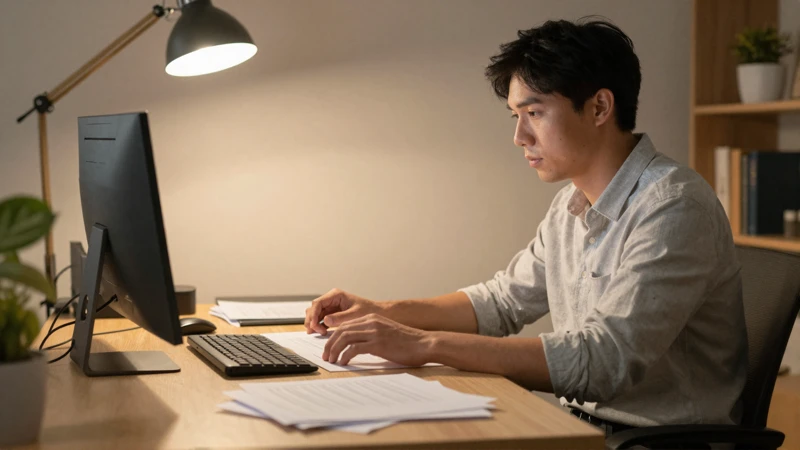 Trabajador freelance bajo luz cálida y documentos