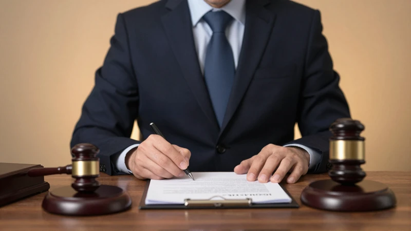 Notario firma documentos bajo luz cálida