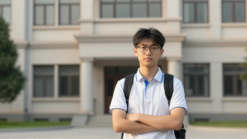 Estudiante en la fachada universitaria, luz suave